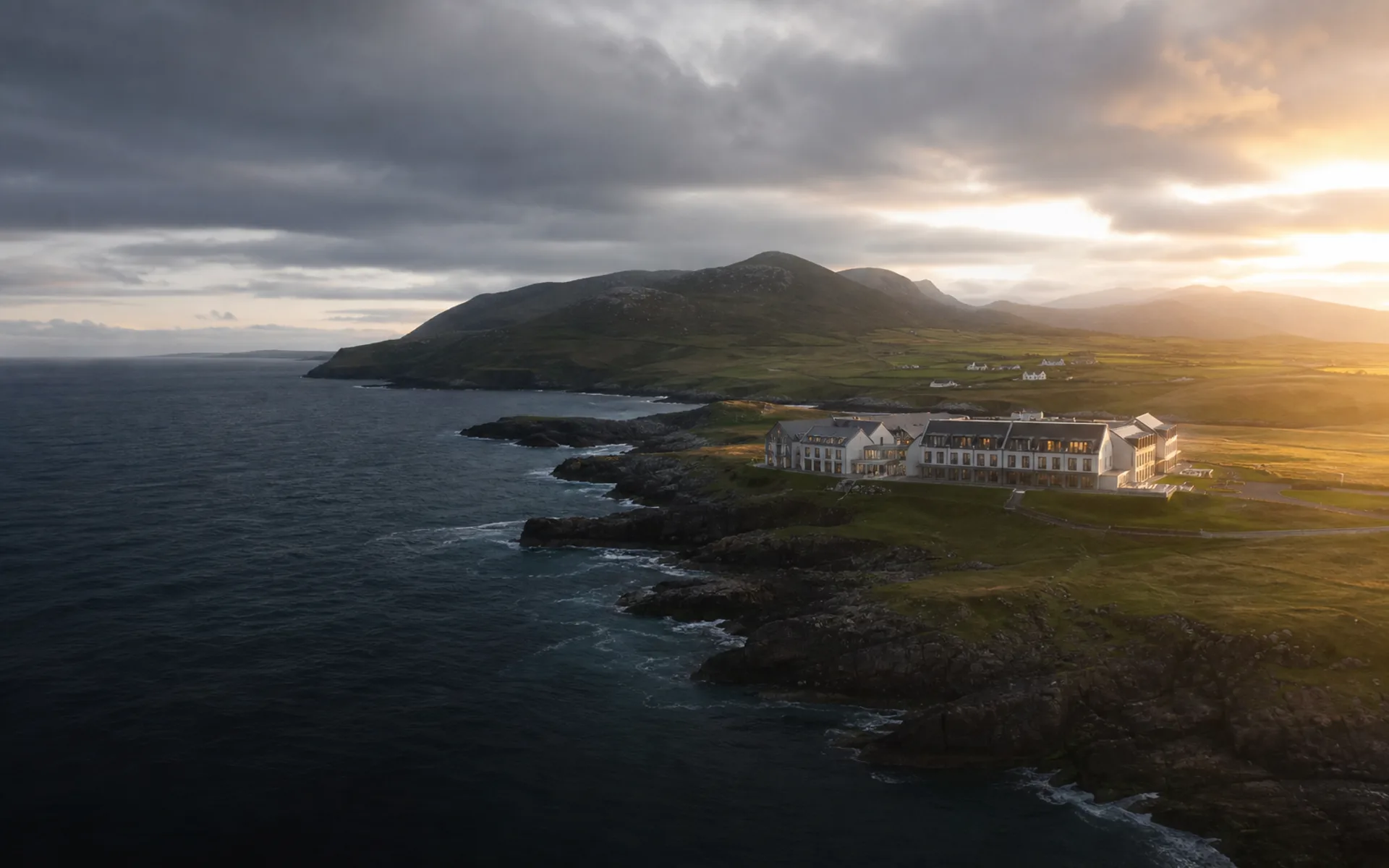 Cinematic aerial view of an Irish coastal destination