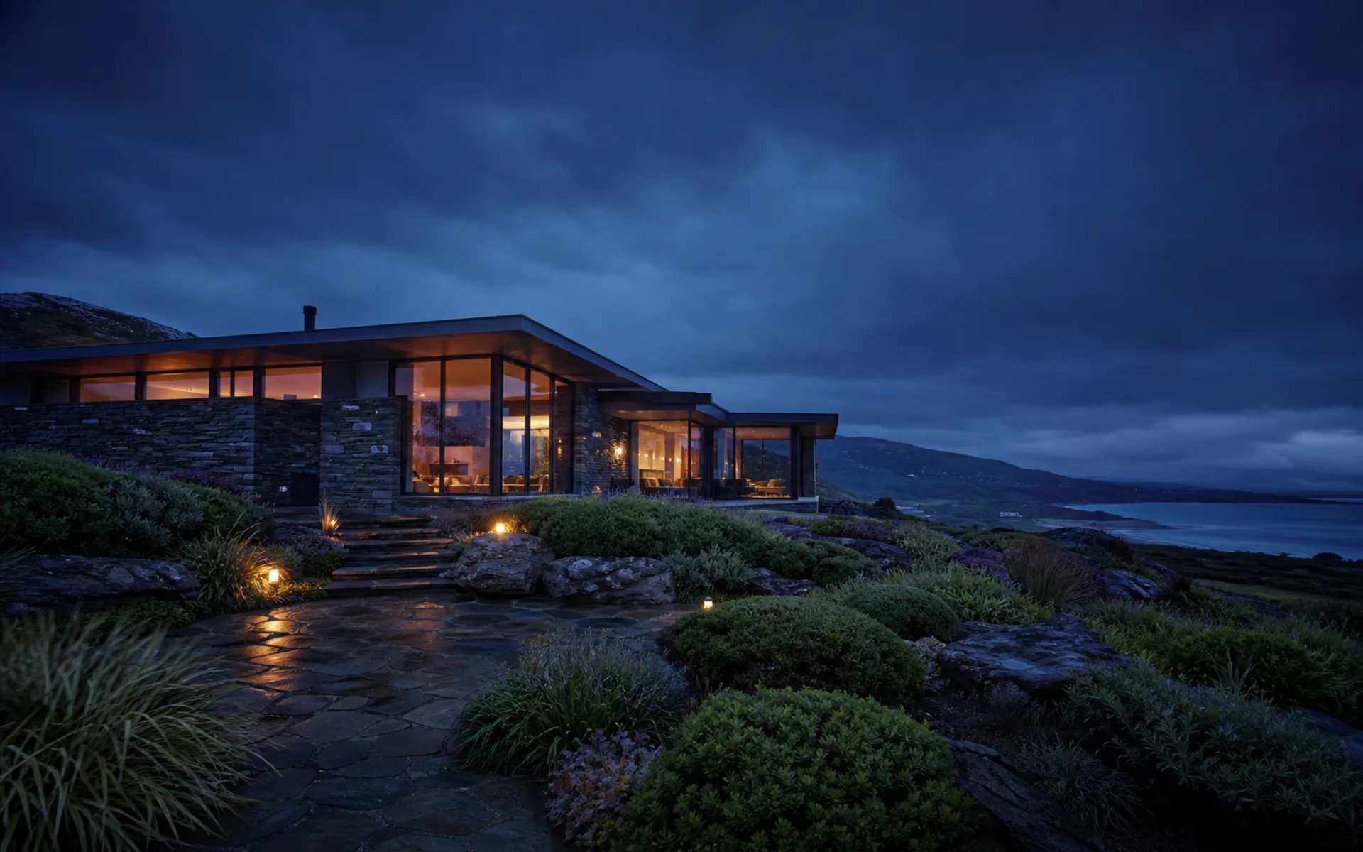 Contemporary coastal property in County Kerry at blue hour