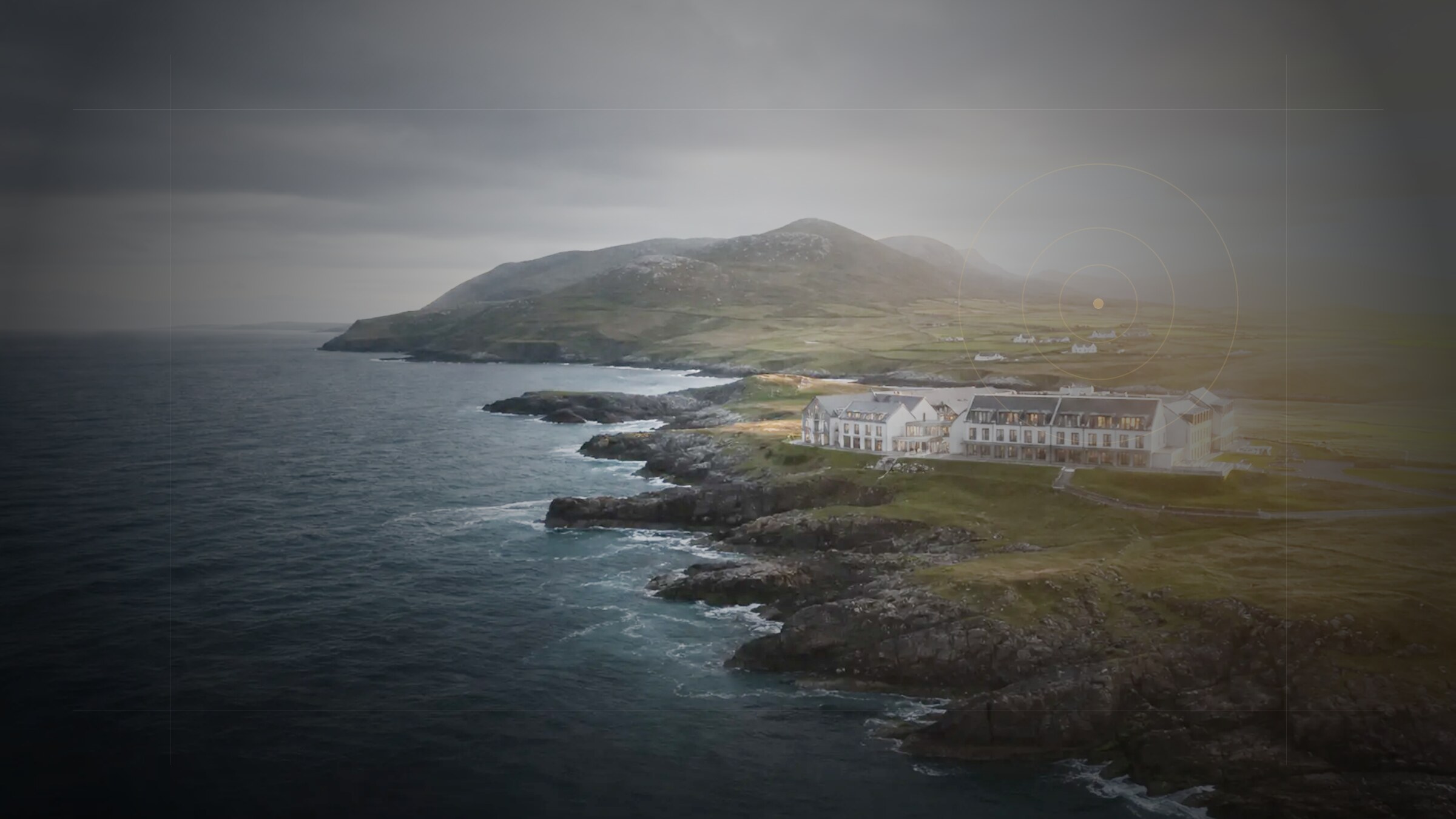 Cinematic aerial view of Kerry's Atlantic coastline with Rain Digit editorial guide lines
